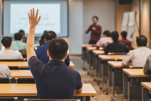 student in class raising hand